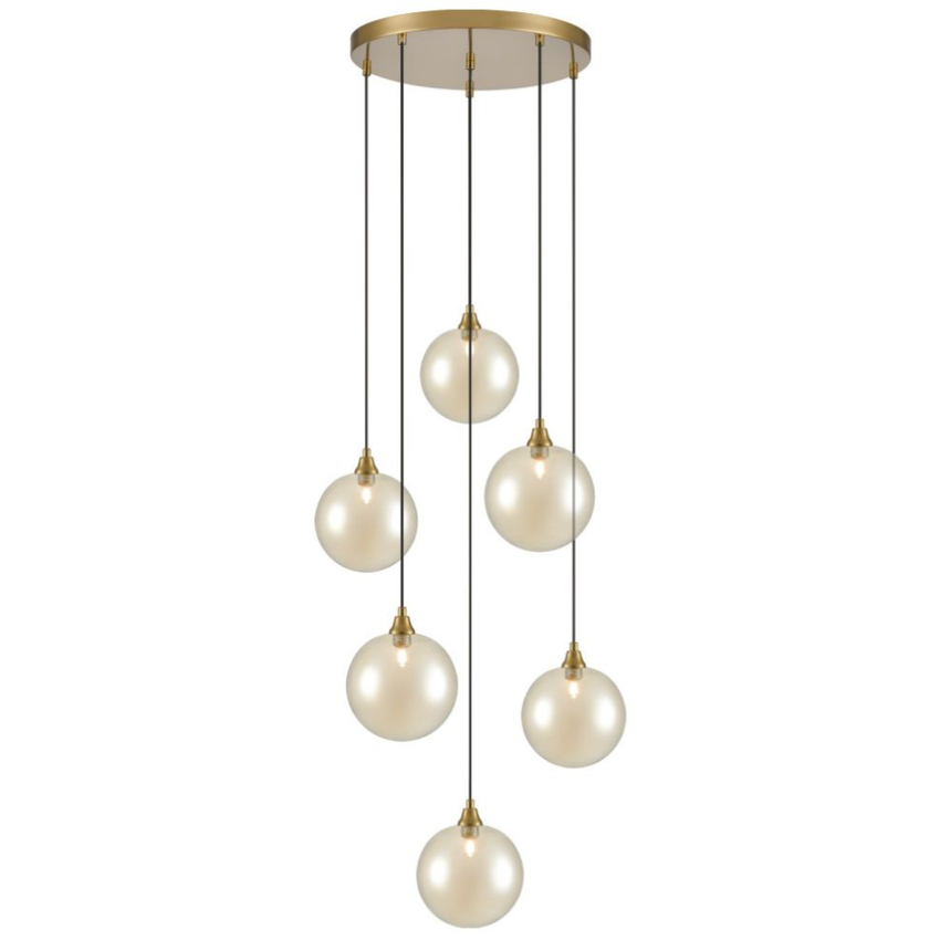 Photograph: Franklite Galaxy 6 Light Aged Brass Finish Cluster Pendant Complete With Round Amber Glasses