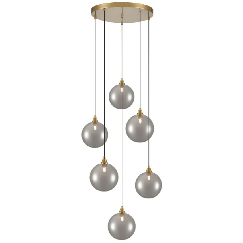 Photograph: Franklite Galaxy 6 Light Aged Brass Finish Cluster Pendant Complete With Round Smoked Glasses