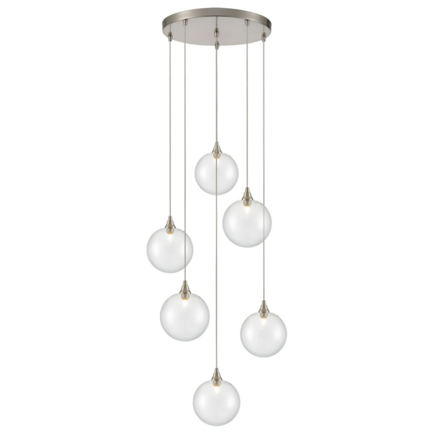 Photograph: Franklite Galaxy 6 Light Satin Nickel Finish Cluster Pendant Complete With Round Clear Glasses