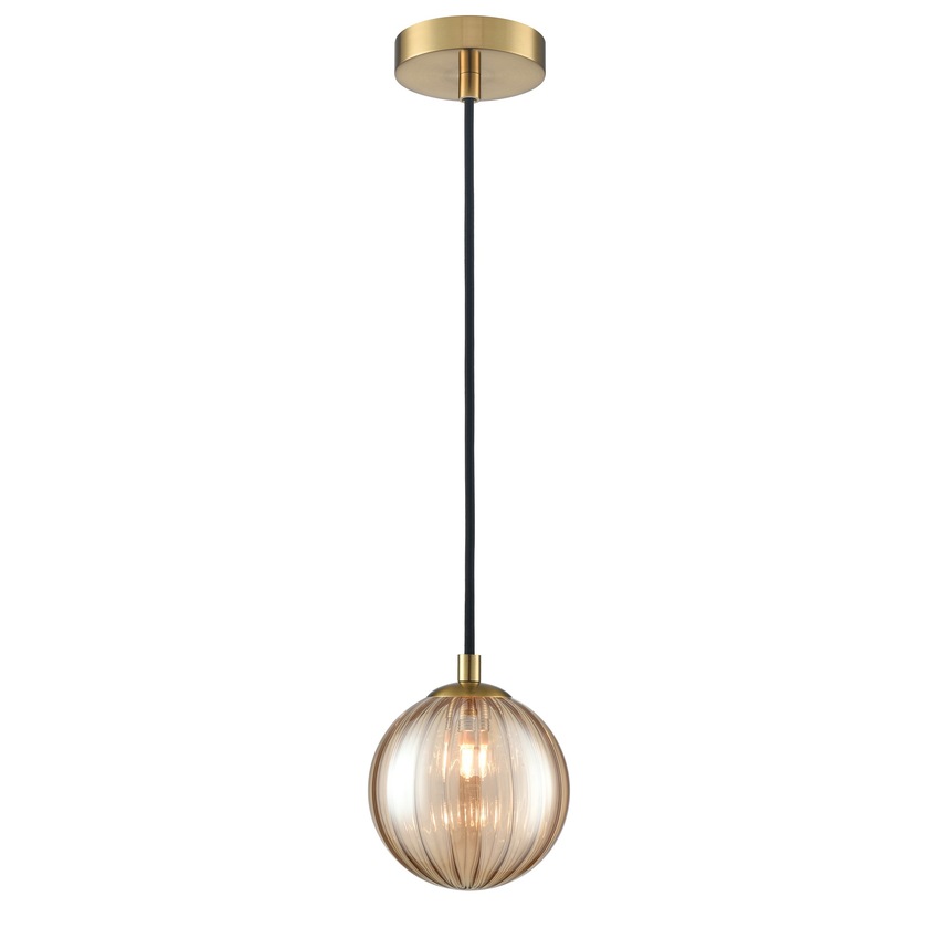 Photograph: Franklite Globe Single Bathroom Pendant In Aged Brass With Amber Ribbed Glass Globe - IP44