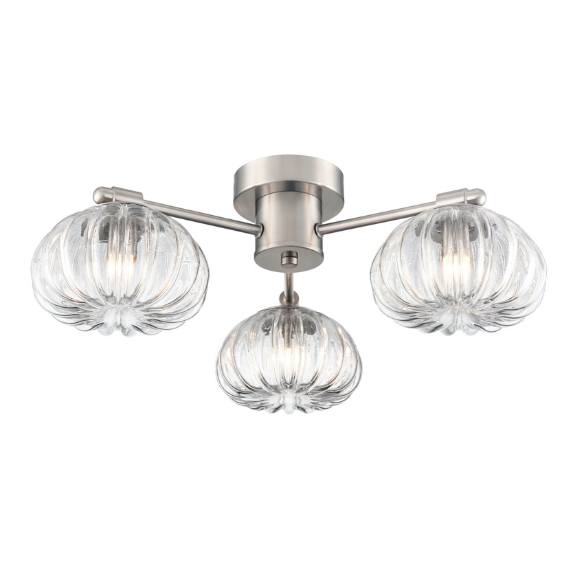 Photograph: Franklite Harvest 3 Light Flush Ceiling Light In Satin Nickel With Clear Ribbed Glass Shades