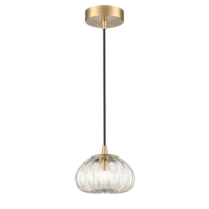 Photograph: Franklite Harvest Single Pendant In Aged Brass With Clear Ribbed Glass