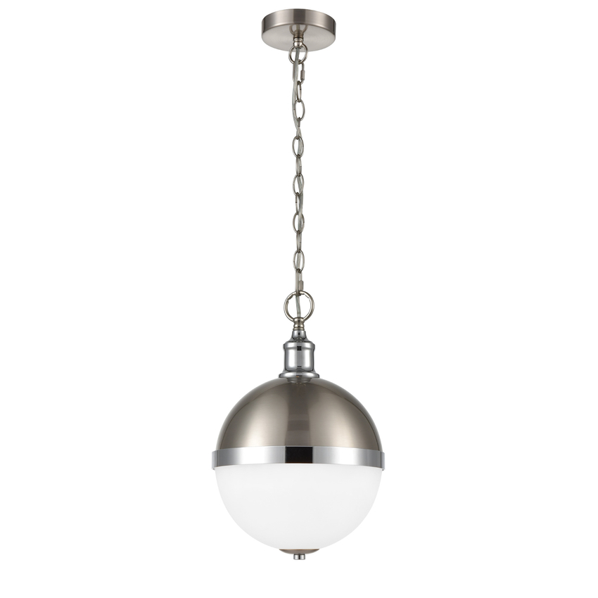 Photograph: Franklite Hemisphere Small Satin Nickel And Chrome Round Pendant Light Complete With Opal Glass