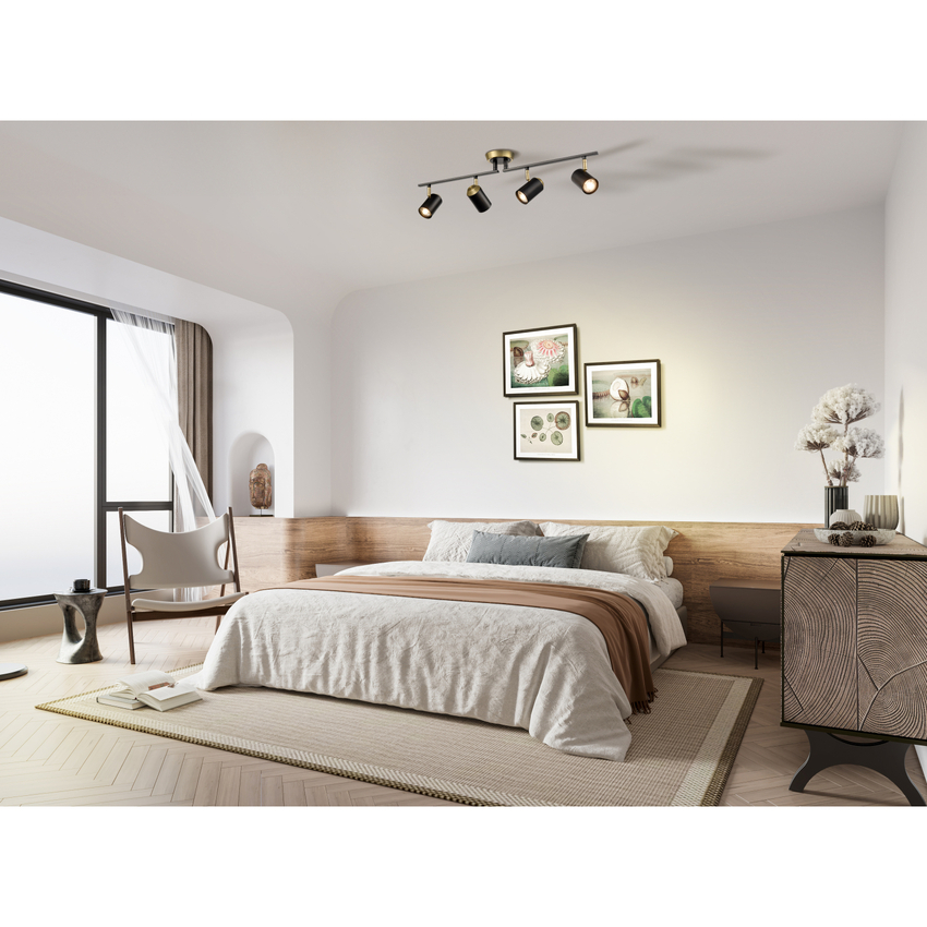 Photograph: Franklite Hollywood Two Tone Matt Black And Brushed Brass Adjustable 4 Light Bar Ceiling Spotlight