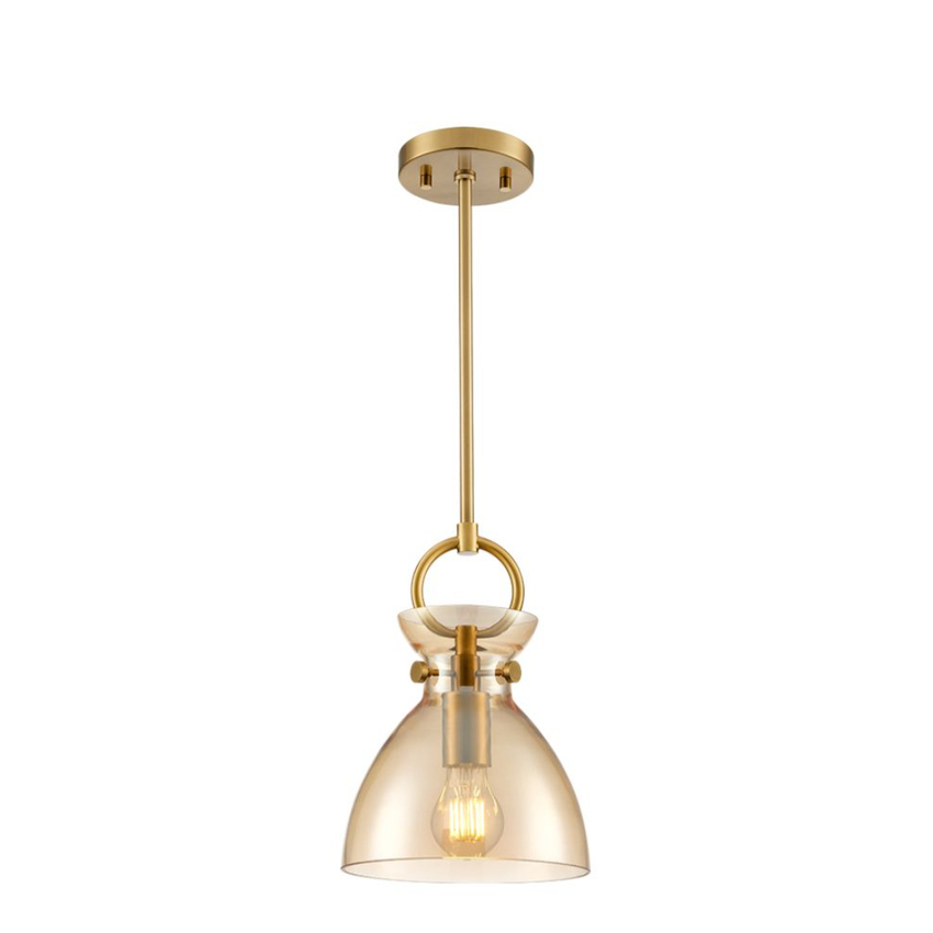 Photograph: Franklite Horizon Pendant Brushed Brass With Amber Glass