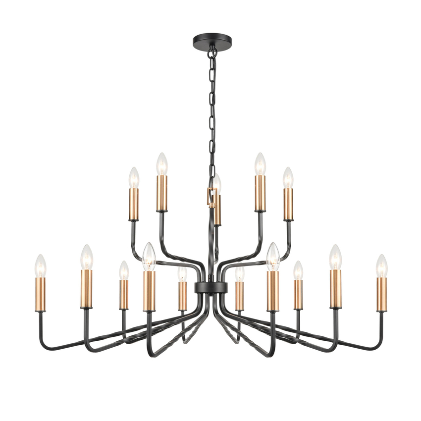 Photograph: Franklite Kasteel Extra Large Two Tier 15 Light Dark Antique Bronze/Brushed Brass Two Tone Chandelier Light With Twisted Arms