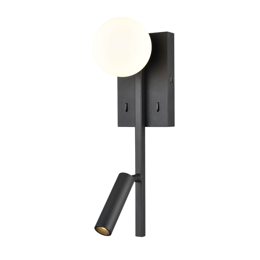 Photograph: Franklite Luca Matt Black Slim Vertical Adjustable Led Bedside Reader Wall Light Complete With Opal Glass And Usb Port - Switched - 3000K