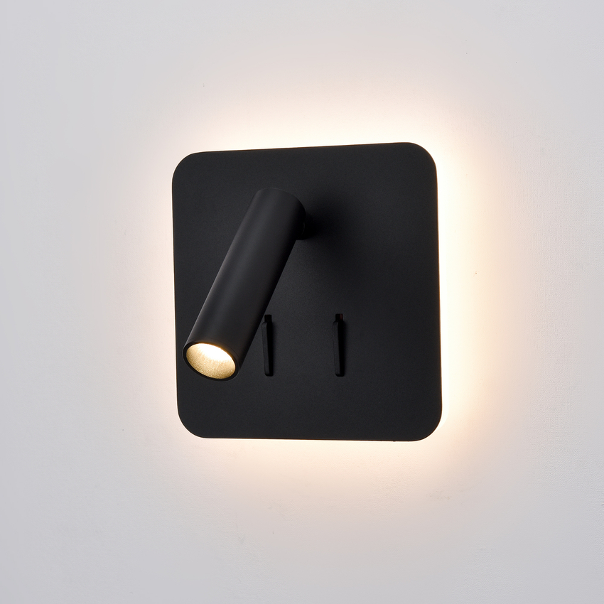 Photograph: Franklite Luca Matt Black Square Adjustable Led Bedside Reader Wall Light Complete With Illuminated Backplate - Switched - 3000K