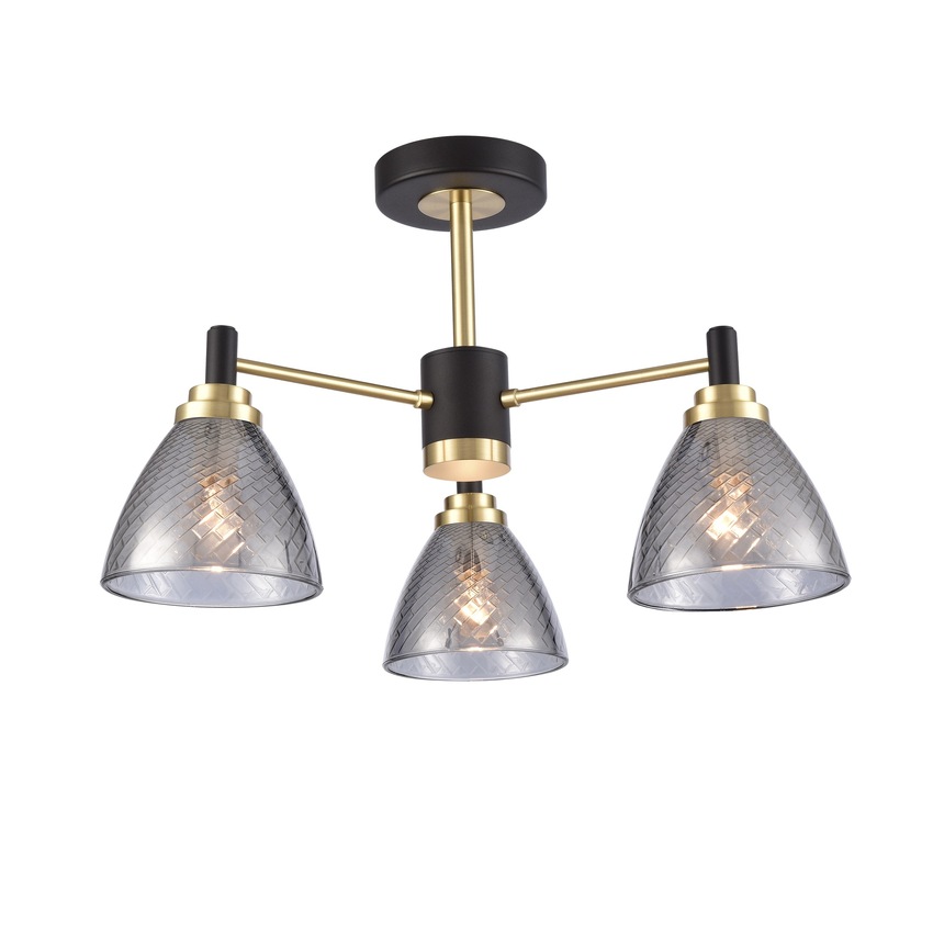 Photograph: Franklite Metro 3 Light Semi-Flush Ceiling Light In Matt Black & Satin Brass With Smoked Textured Glass Shades