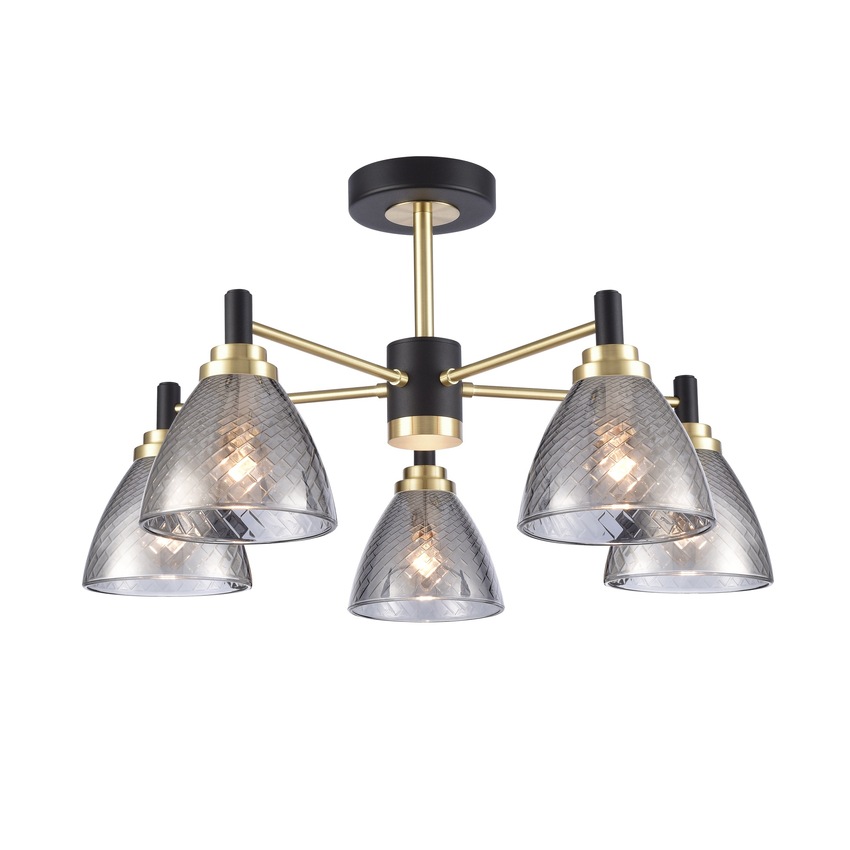 Photograph: Franklite Metro 5 Light Semi-Flush Ceiling Light In Matt Black & Satin Brass With Smoked Textured Glass Shades