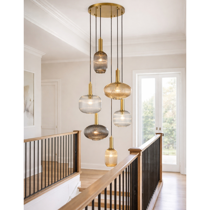 Photograph: Franklite Mezcla 6 Light Cluster Pendant Aged Brass With Mixed Ribbed Glass Shades