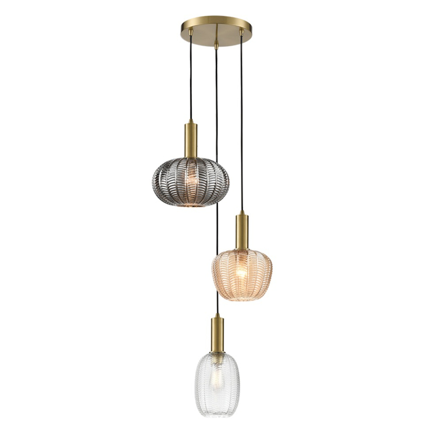 Photograph: Franklite Mezcla Aged Brass Finish 3 Light Cluster Pendant Complete With Smoked/Clear/Amber Chevron Glass Shades