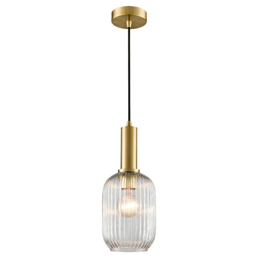 Photograph: Franklite Mezcla Aged Brass Finish Single Pendant Light Complete With 150mm Clear Ribbed Glass Shade