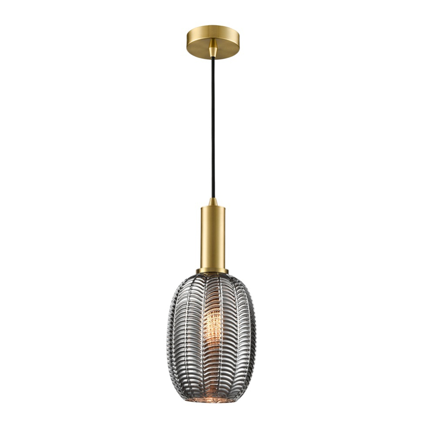Photograph: Franklite Mezcla Aged Brass Finish Single Pendant Light Complete With 180mm Smoked Chevron Glass Shade