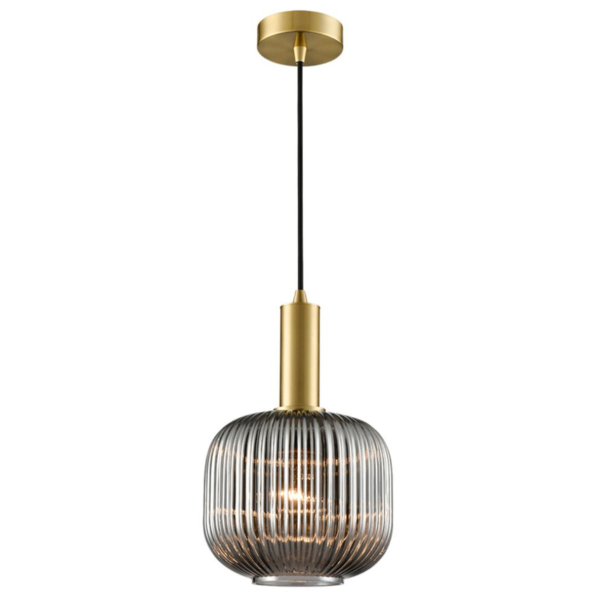 Photograph: Franklite Mezcla Aged Brass Finish Single Pendant Light Complete With 200mm Smoked Ribbed Glass Shade