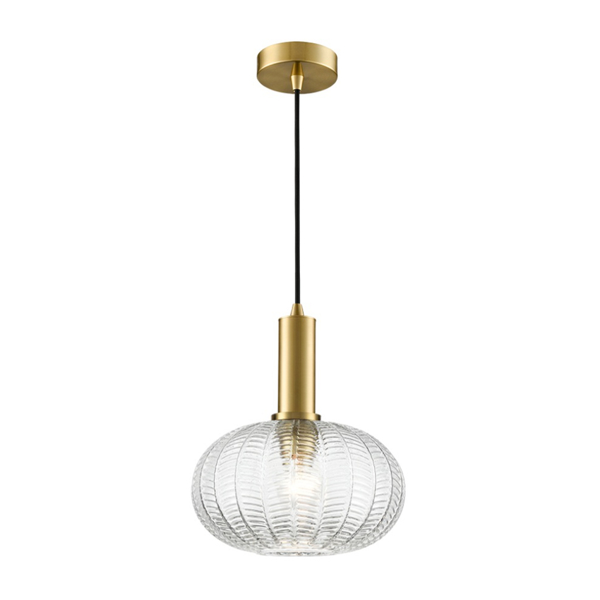 Photograph: Franklite Mezcla Aged Brass Finish Single Pendant Light Complete With 260mm Clear Chevron Glass Shade