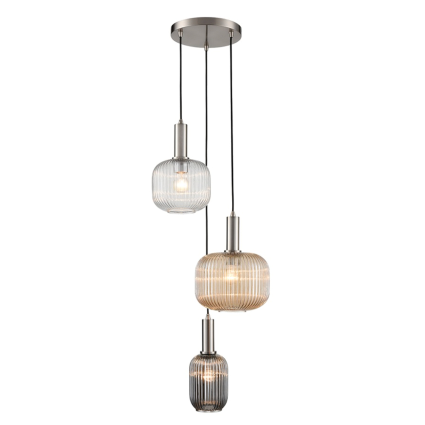 Photograph: Franklite Mezcla Satin Nickel 3 Light Cluster Pendant Complete With Smoked/Clear/Amber Ribbed Glass Shades