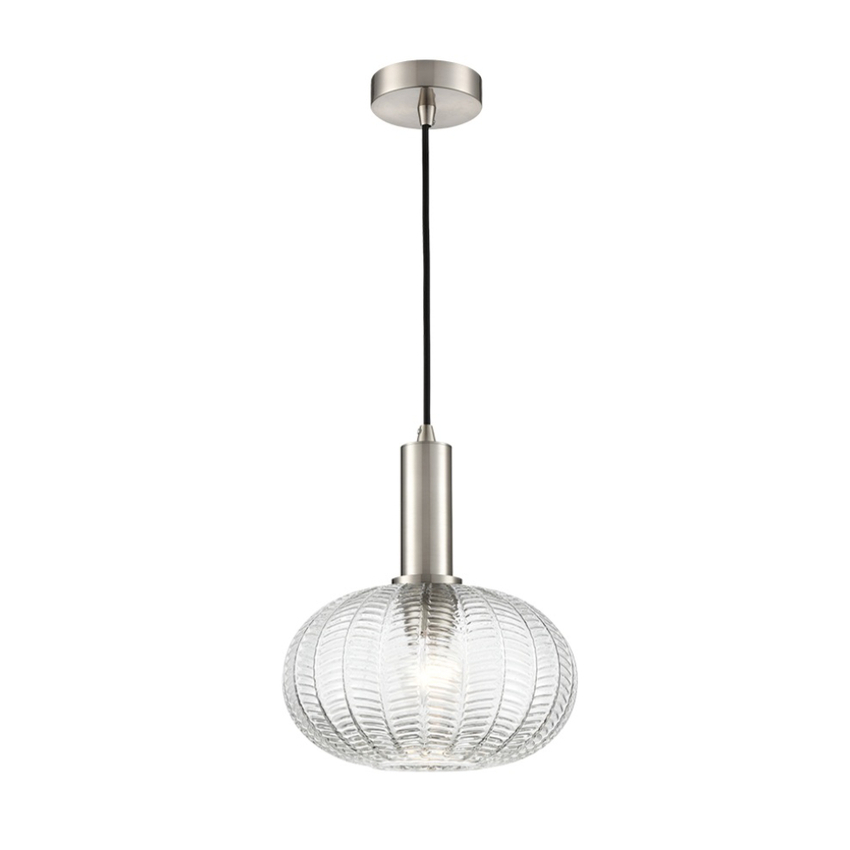 Photograph: Franklite Mezcla Satin Nickel Single Pendant Light Complete With 260mm Clear Chevron Glass Shade