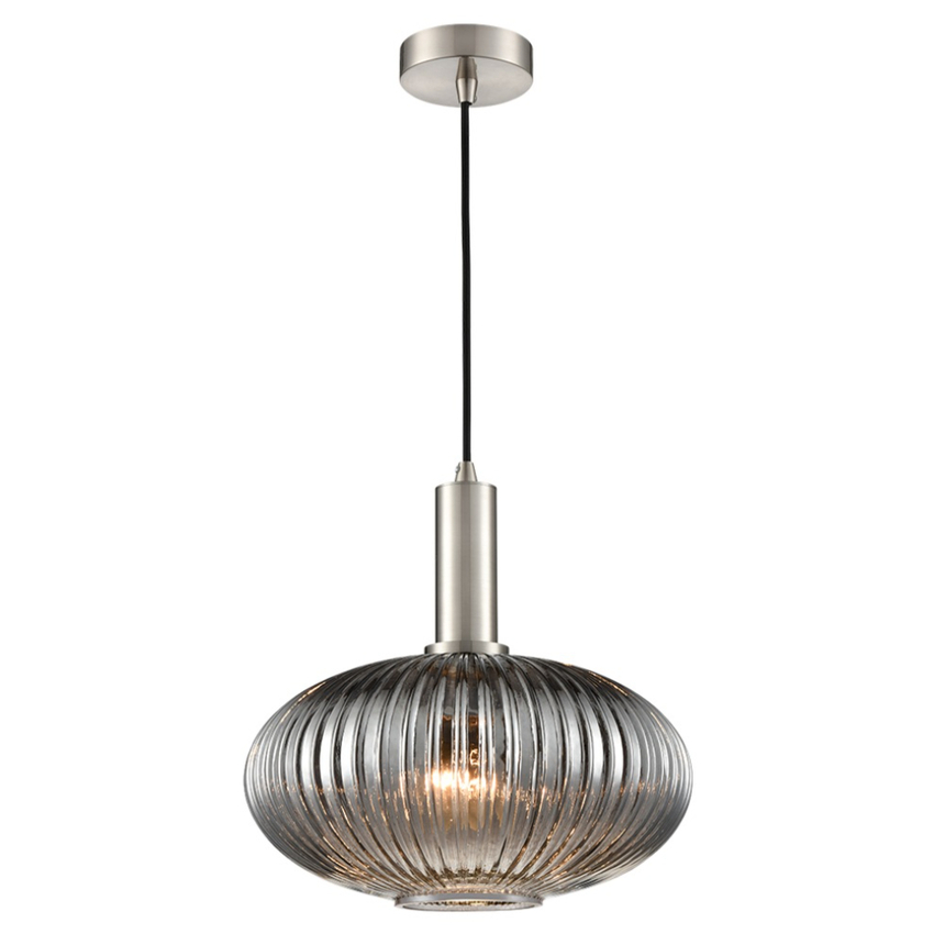 Photograph: Franklite Mezcla Satin Nickel Single Pendant Light Complete With 300mm Smoked Ribbed Glass Shade