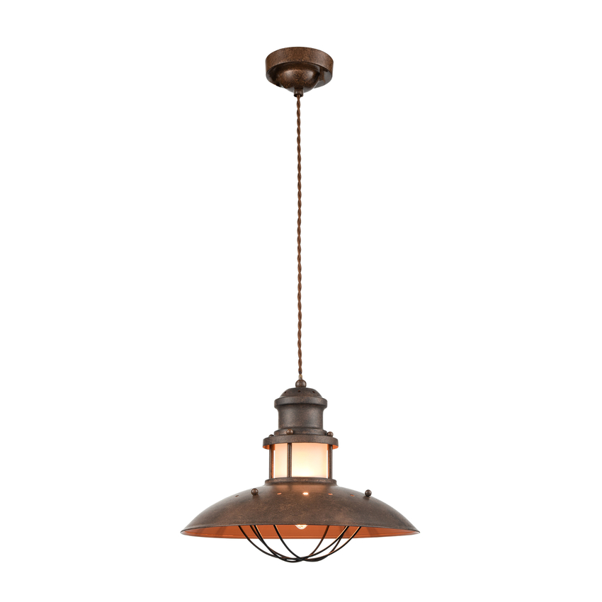 Photograph: Franklite Newton Distressed Bronze Industrial Single Pendant Light Complete With Frosted Cage And Glass Detail