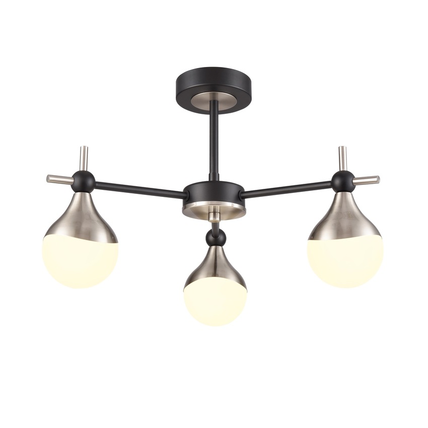 Photograph: Franklite Nexus 3 Light Semi-Flush Ceiling Light In Matt Black & Satin Nickel With Opal Glasses