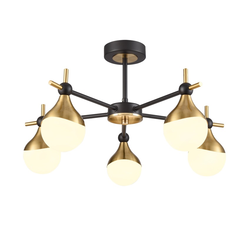 Photograph: Franklite Nexus 5 Light Semi-Flush Ceiling Light In Matt Black & Aged Brass With Opal Glasses