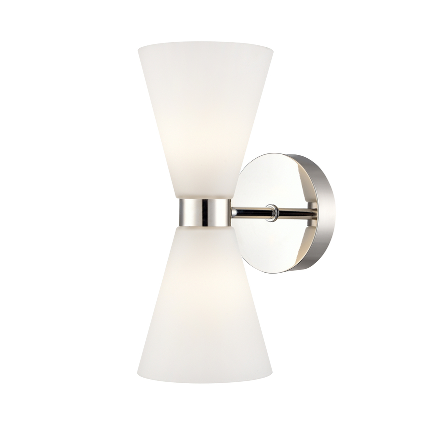 Photograph: Franklite Odeon Polished Nickel 2 Light Bathroom Wall Light Complete WIth Opal Conical Glass Shades - IP44