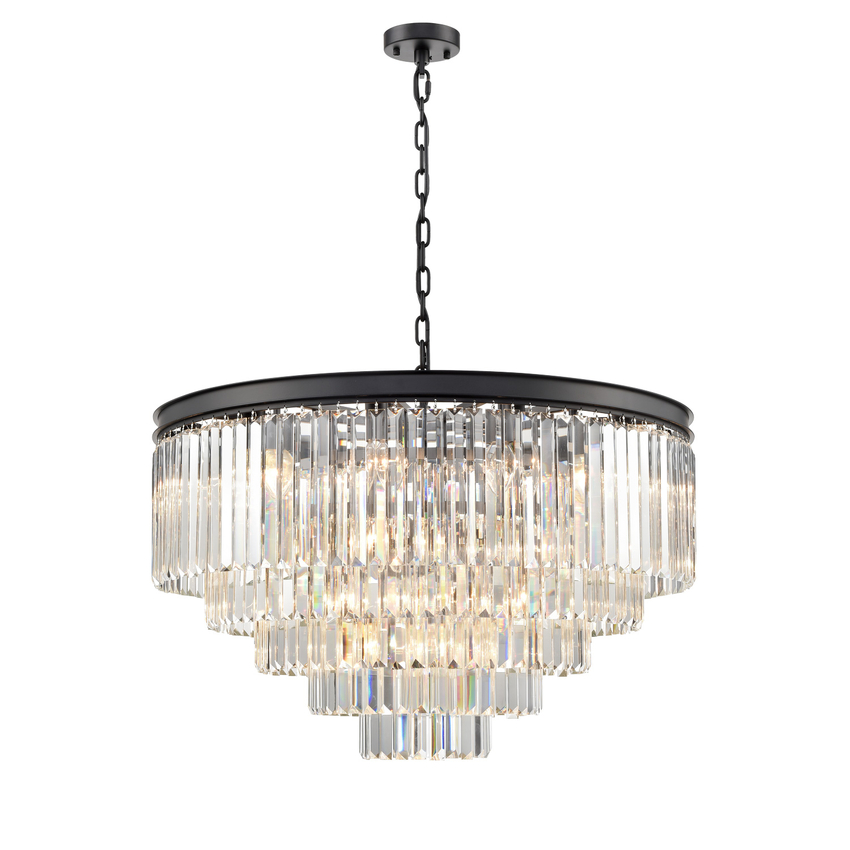 Photograph: Franklite Perdita Matt Black 27 Light 4 Tier Round Crystal Pendant Light - 800mm