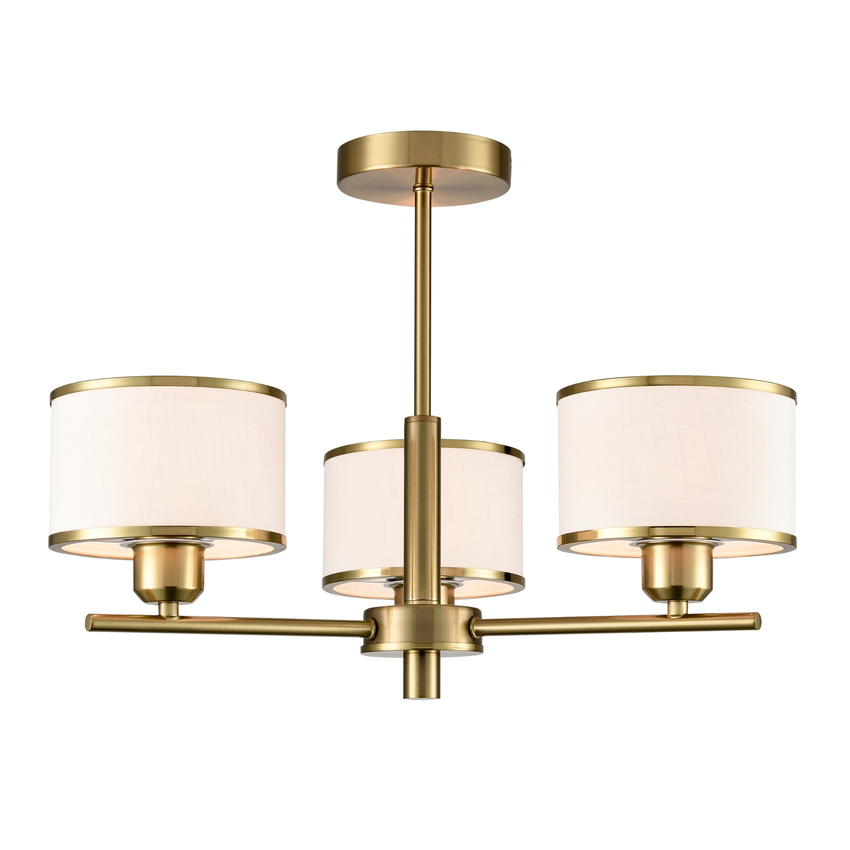 Photograph: Franklite Polaris Aged Brass Semi-Flush 3 Light Ceiling Light Complete With Off-White Textured Fabric Shades And Aged Brass Trims