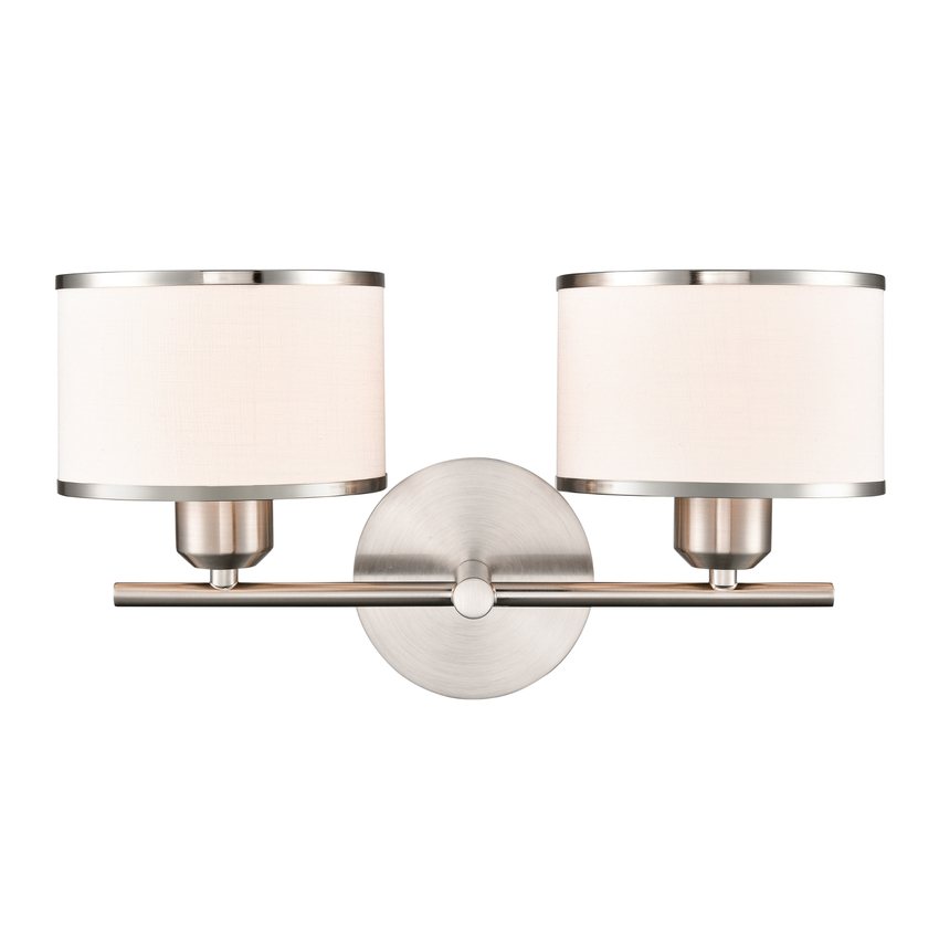 Photograph: Franklite Polaris Satin Nickel Double Wall Light Complete With Off-White Textured Fabric Shades And Satin Nickel Trims