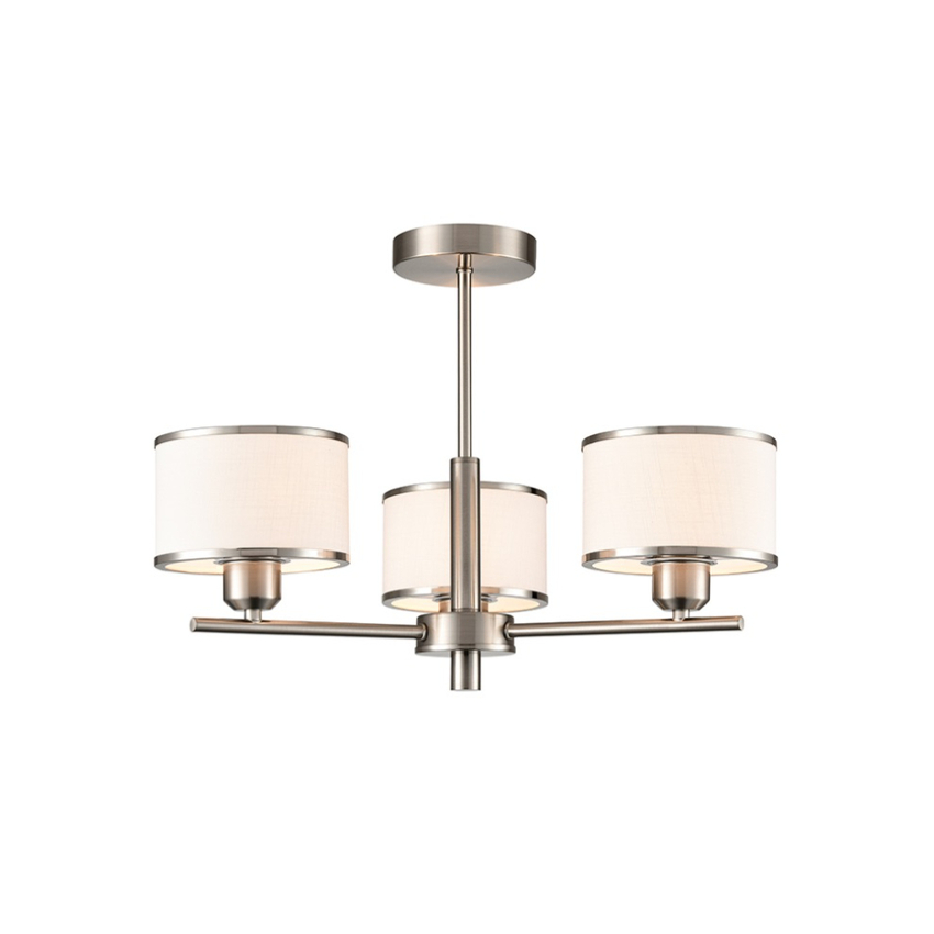 Photograph: Franklite Polaris Satin Nickel Semi-Flush 3 Light Ceiling Light Complete With Off-White Textured Fabric Shades And Satin Nickel Trims