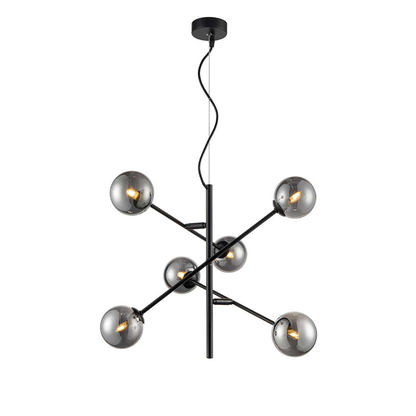 Photograph: Franklite Propecy Matt Black 6 Light Pendant Complete With Smoke Round Globes - 570mm