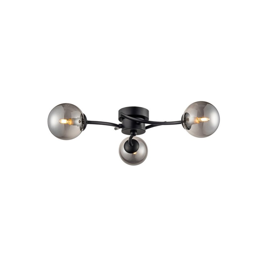 Photograph: Franklite Prophecy Matt Black 3 Light Flush Ceiling Light Complete With Round Smoke Glass Shades