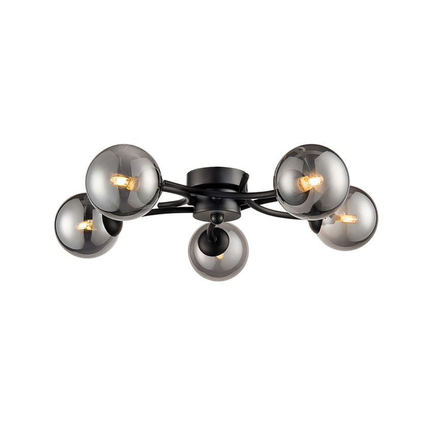 Photograph: Franklite Prophecy Matt Black 5 Light Flush Ceiling Light Complete With Round Smoke Glass Shades