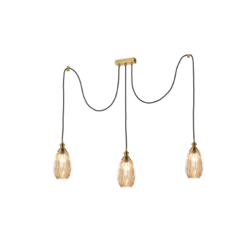 Photograph: Franklite Refract Aged Brass Finish 3 Light Kitchen Island Adjustable Spreader With Long Amber Ribbed Glasses And Ceiling Hooks