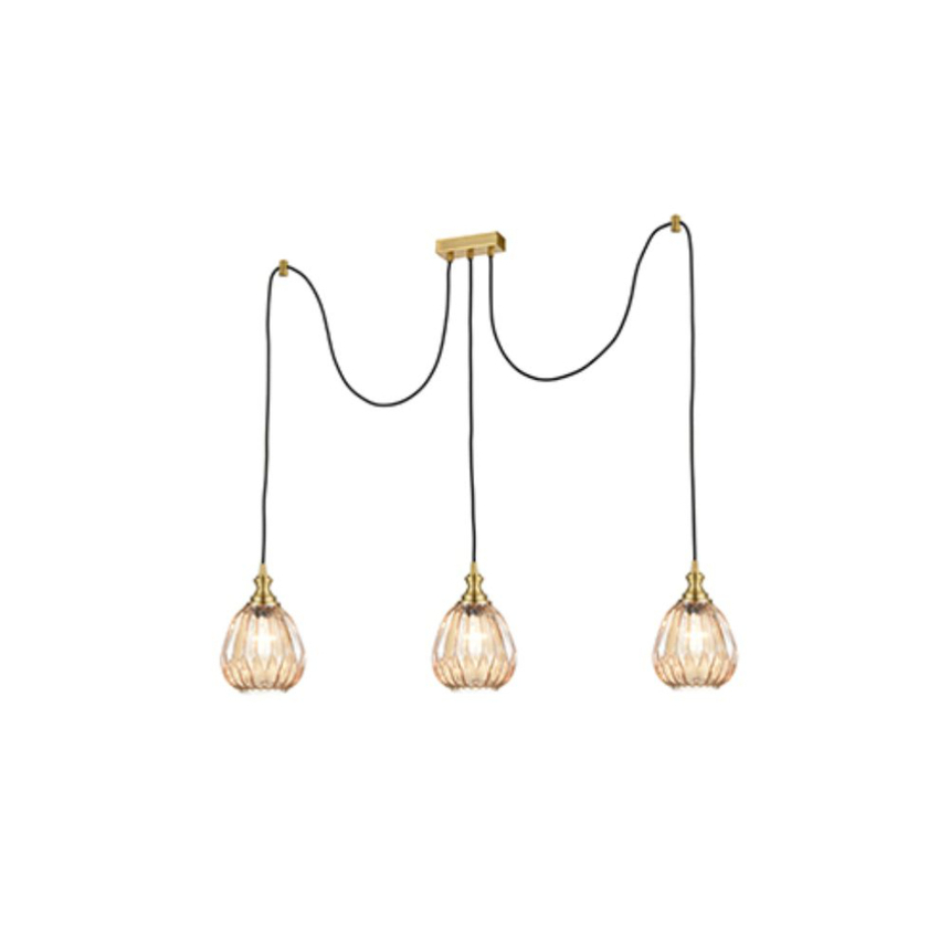 Photograph: Franklite Refract Aged Brass Finish 3 Light Kitchen Island Adjustable Spreader With Short Amber Ribbed Glasses And Ceiling Hooks