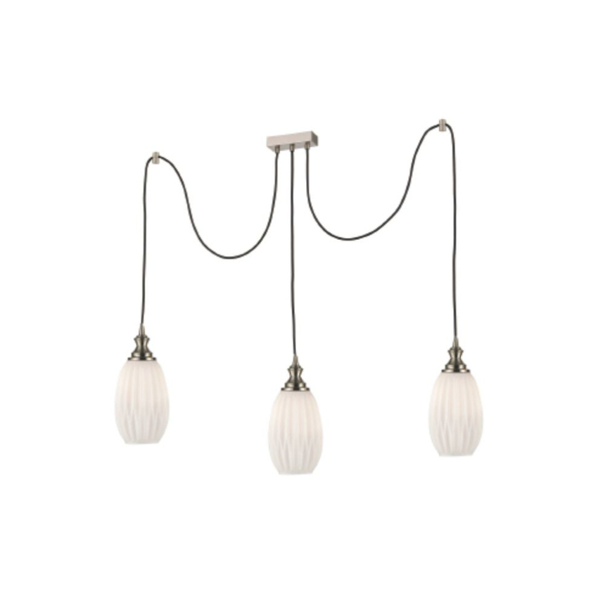 Photograph: Franklite Refract Satin Nickel Finish 3 Light Kitchen Island Adjustable Spreader With Long Opal Ribbed Glasses And Ceiling Hooks