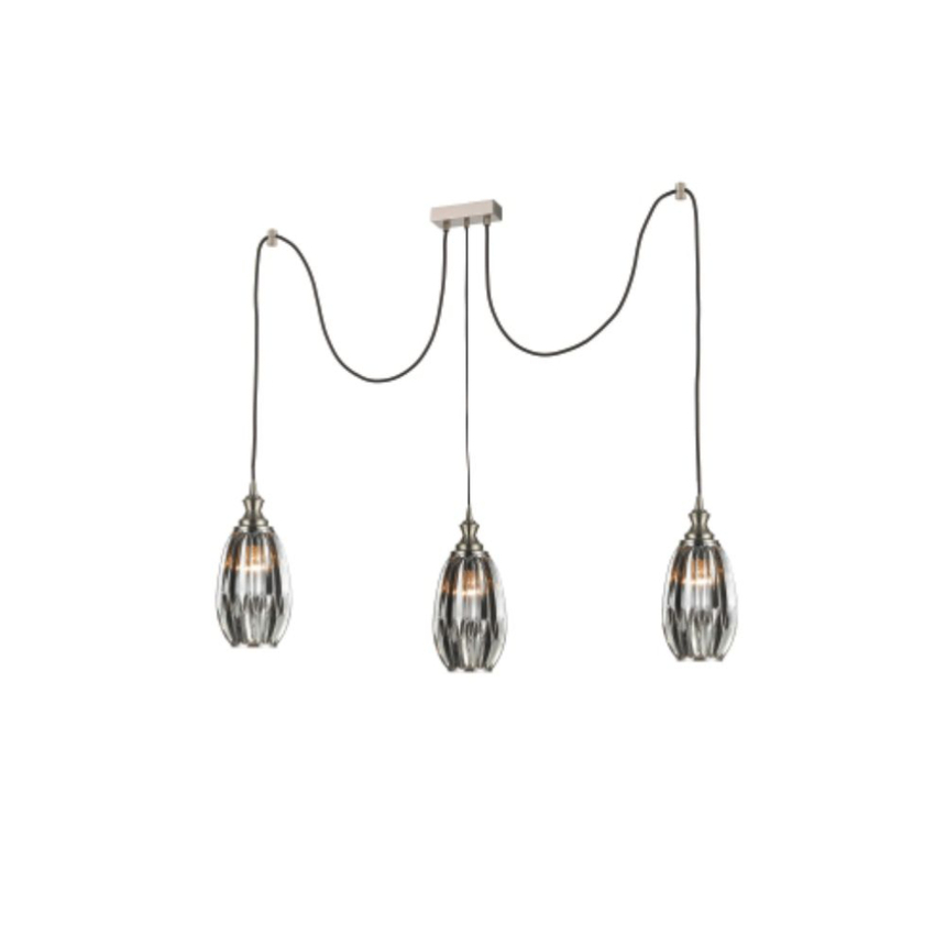 Photograph: Franklite Refract Satin Nickel Finish 3 Light Kitchen Island Adjustable Spreader With Long Smoked Ribbed Glasses And Ceiling Hooks