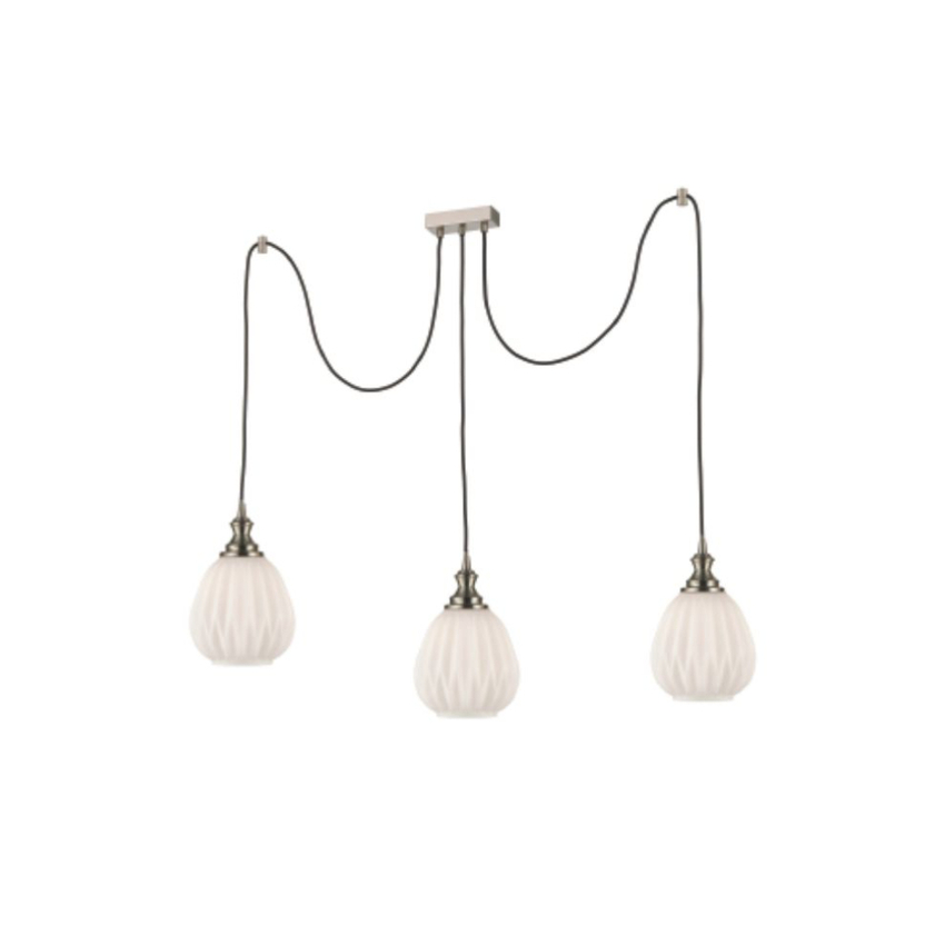 Photograph: Franklite Refract Satin Nickel Finish 3 Light Kitchen Island Adjustable Spreader With Short Opal Ribbed Glasses And Ceiling Hooks