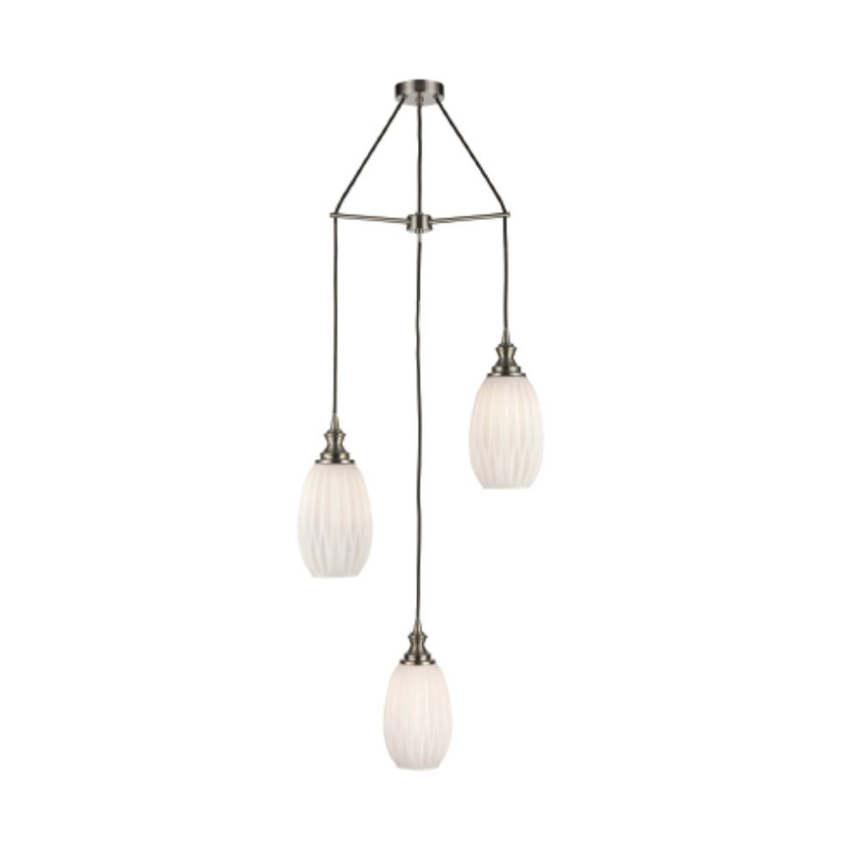 Photograph: Franklite Refract Satin Nickel Finish 3 Light Pendant Suspension Spreader Complete With Long Frosted Ribbed Glasses
