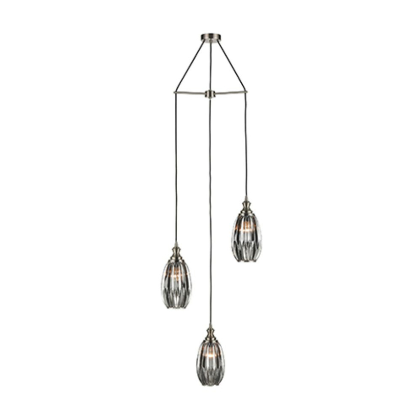 Photograph: Franklite Refract Satin Nickel Finish 3 Light Pendant Suspension Spreader Complete With Long Smoked Ribbed Glasses