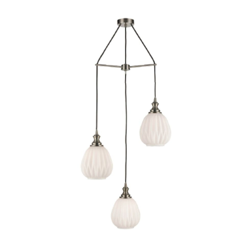 Photograph: Franklite Refract Satin Nickel Finish 3 Light Pendant Suspension Spreader Complete With Short Frosted Ribbed Glasses