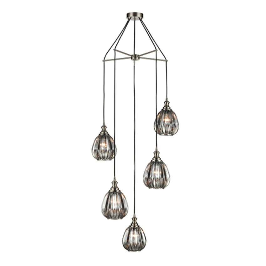 Photograph: Franklite Refract Satin Nickel Finish 5 Light Pendant Suspension Spreader Complete With Short Smoked Ribbed Glasses