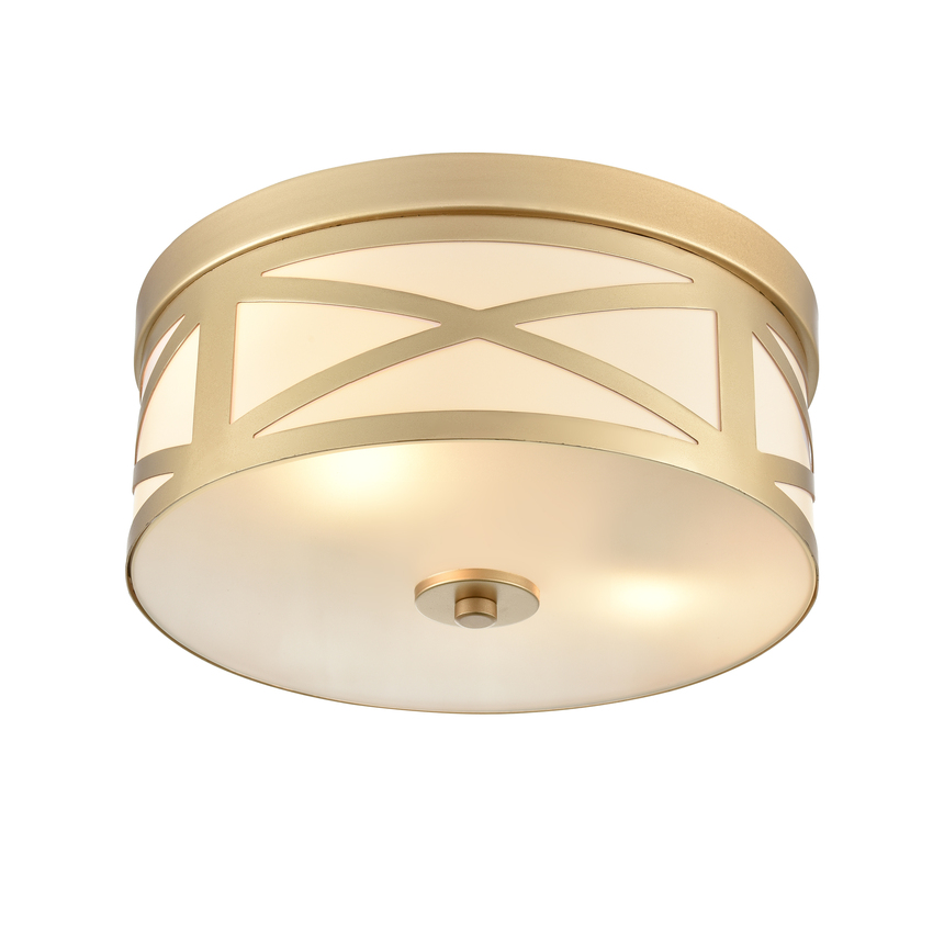 Photograph: Franklite Ringo 2 Light Gold Painted Flush Ceiling Light Complete With Opal Glass