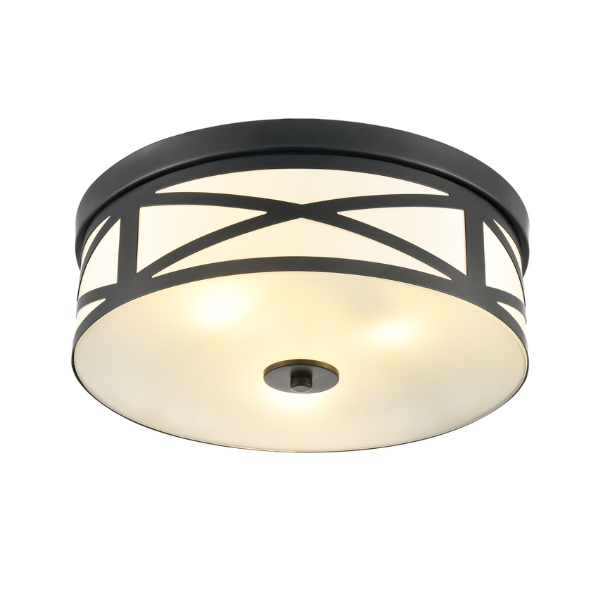 Photograph: Franklite Ringo 3 Light Black Flush Ceiling Light Complete With Opal Glass
