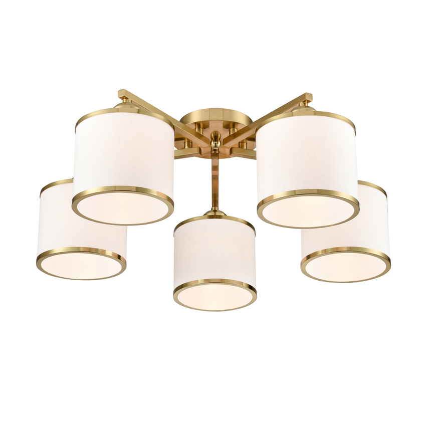 Photograph: Franklite Sirius Aged Brass Flush 5 Light Ceiling Light Complete With Off-White Textured Fabric Shades And Aged Brass Trims