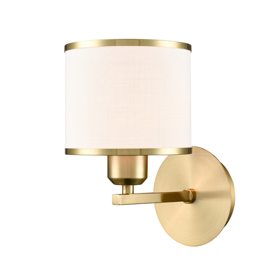 Photograph: Franklite Sirius Aged Brass Single Wall Light Complete With Off-White Textured Fabric Shade And Aged Brass Trim