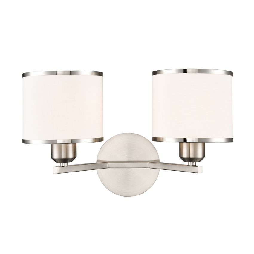 Photograph: Franklite Sirius Satin Nickel Double Wall Light Complete With Off-White Textured Fabric Shades And Satin Nickel Trims