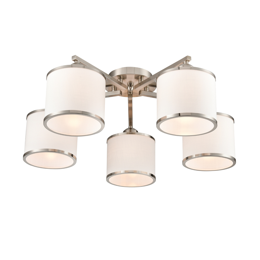 Photograph: Franklite Sirius Satin Nickel Flush 5 Light Ceiling Light Complete With Off-White Textured Fabric Shades And Satin Nickel Trims