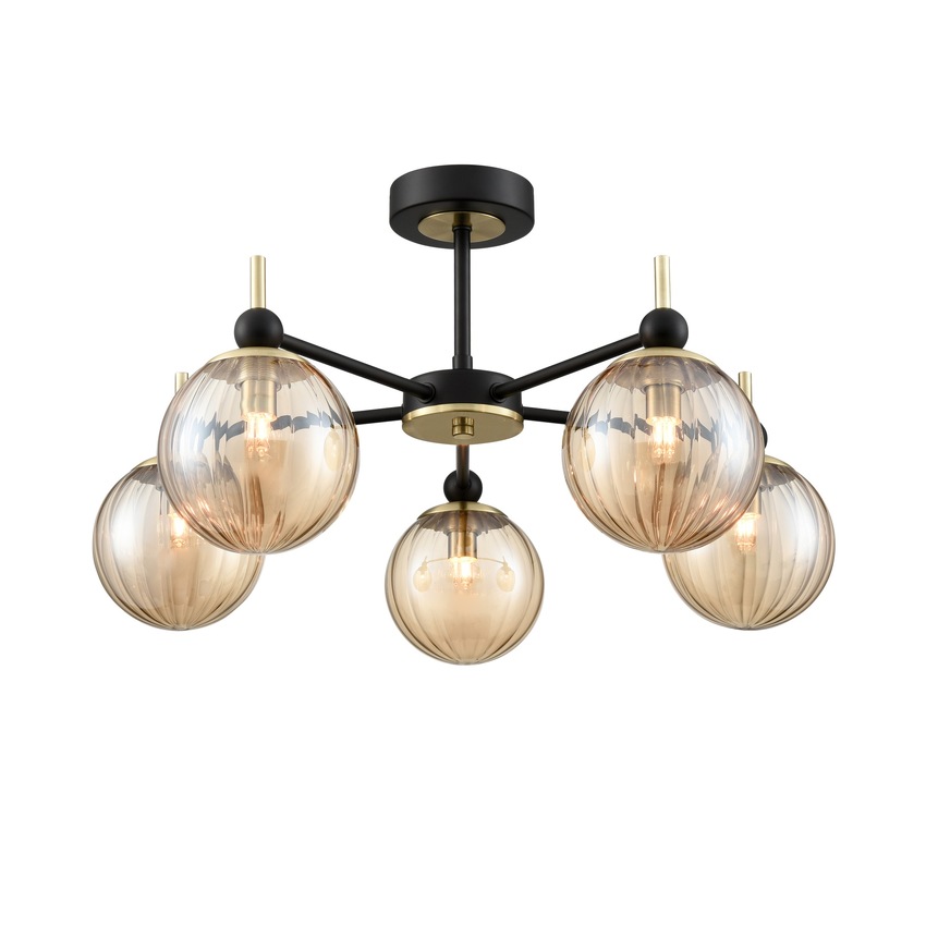 Photograph: Franklite Solar 5 Light Semi-Flush Ceiling Light In Matt Black & Aged Brass With Amber Ribbed Glass Globes